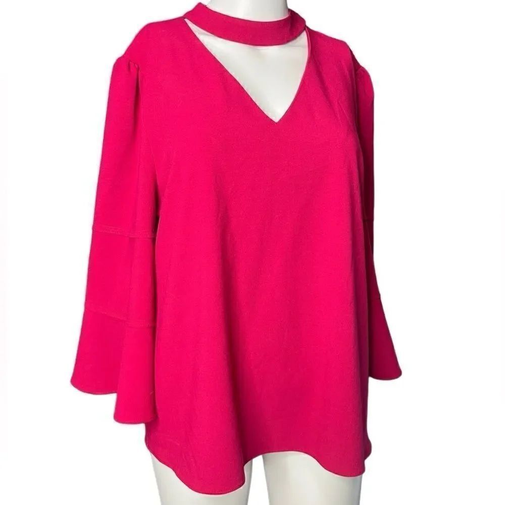 Laundry by Shelli Segal Ruffle Sleeve Keyhole Blouse Pink Red Size Medium